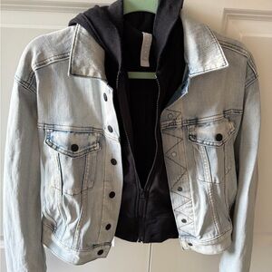 Athleta Light Blue Jean Jacket with Black Hoodie
